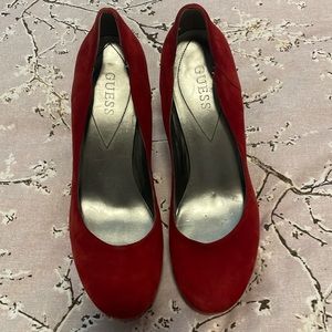 Red Suede platforms, brand is Guess, size 10
